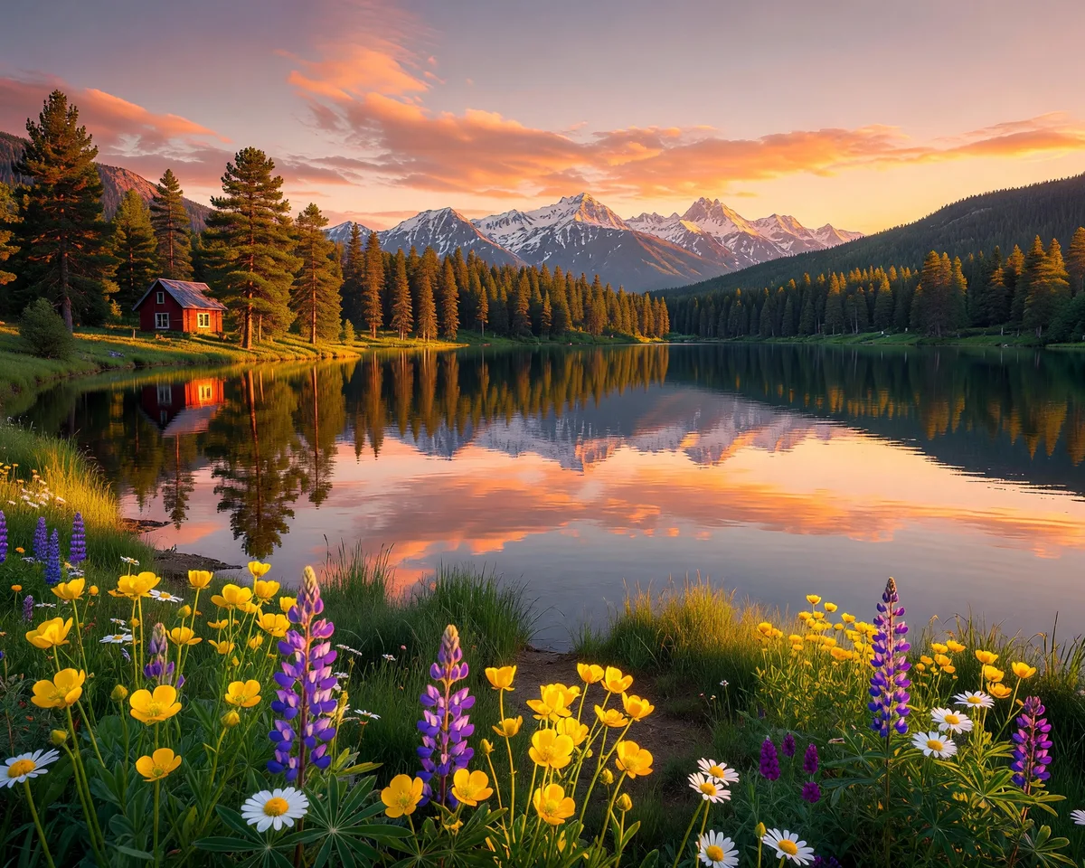 A mountain lake at sunset with pine forest, a small red cabin and yellow and purple wildflowers filling the whole frame