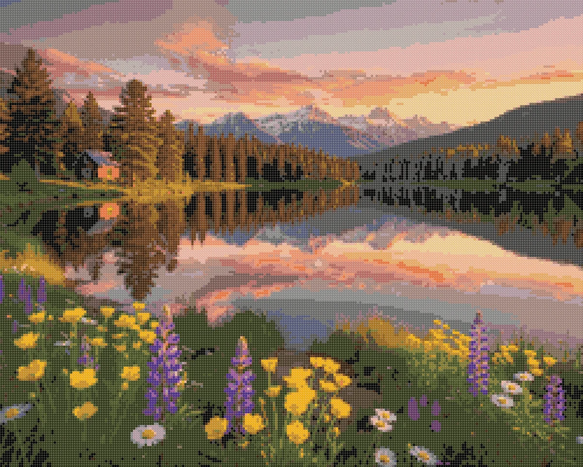 The same landscape as a cross stitch pattern made with the Cross Stitch pattern maker, shown as finished stitches