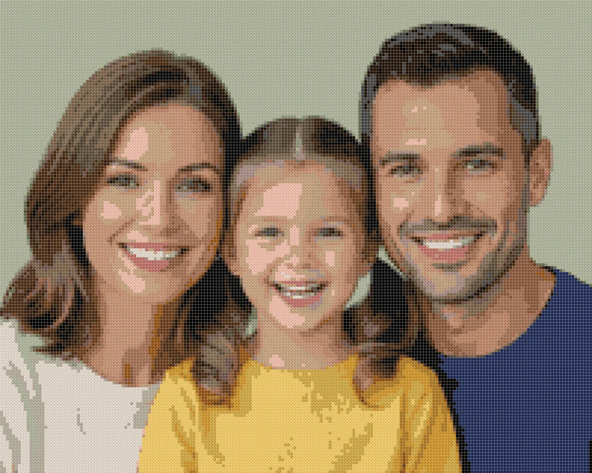 Cross stitch pattern of a mother, father and daughter smiling together
