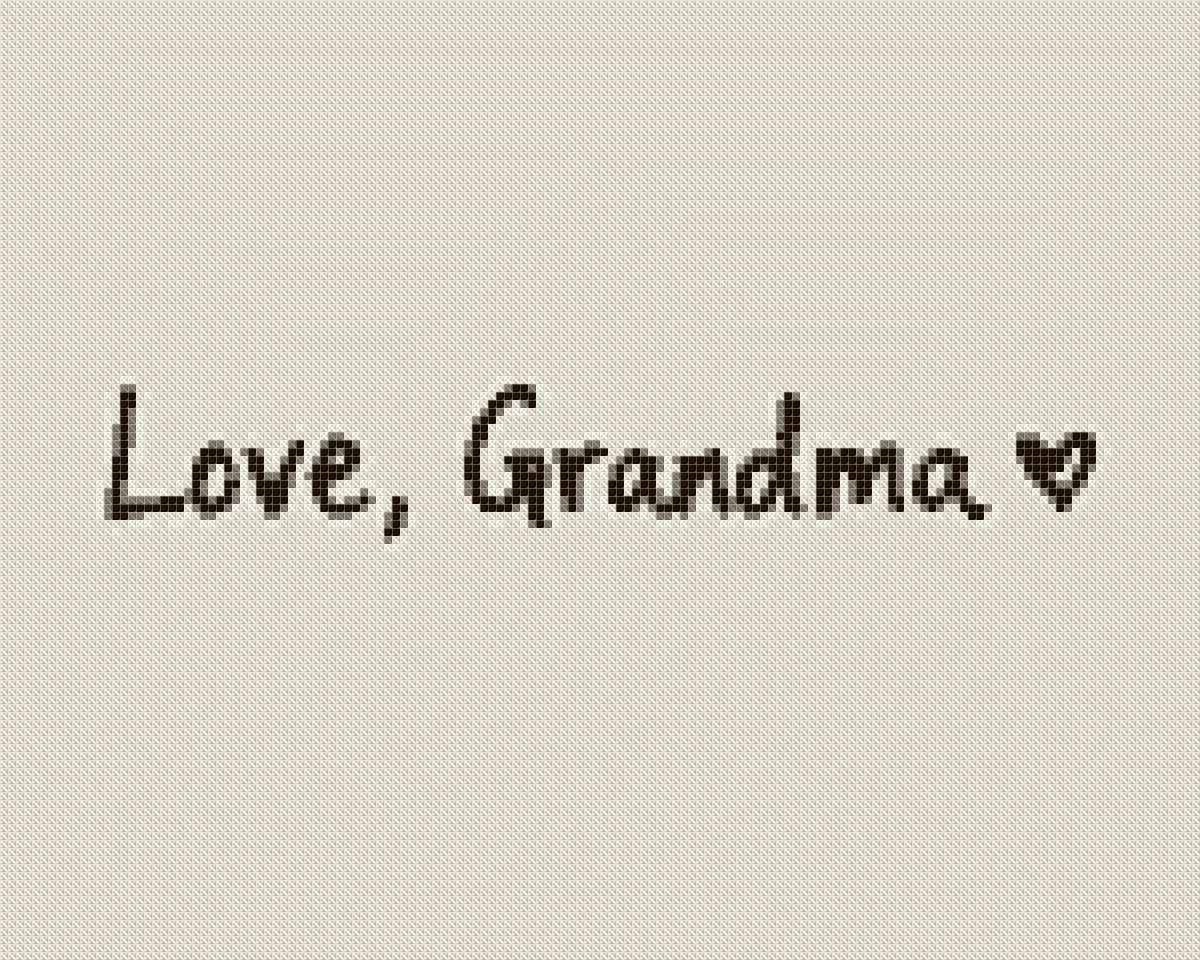 Cross stitch pattern of the handwritten words "Love, Grandma" and a small heart