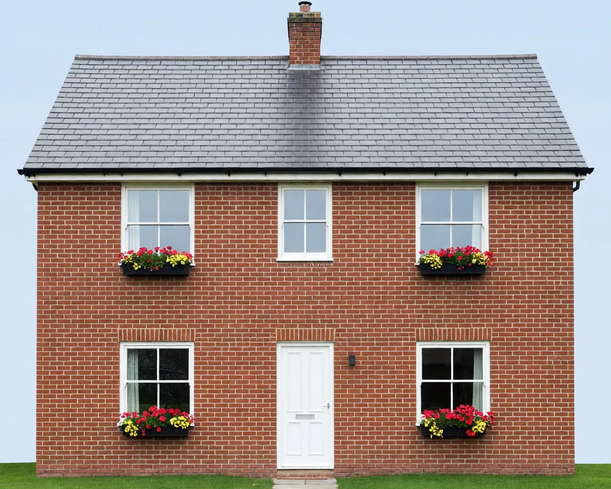 A red-brick two-storey house with white windows and door, flower boxes and a slate roof, seen straight on