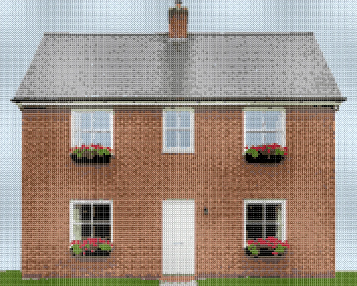 Cross stitch pattern of a red-brick two-storey house with flower boxes