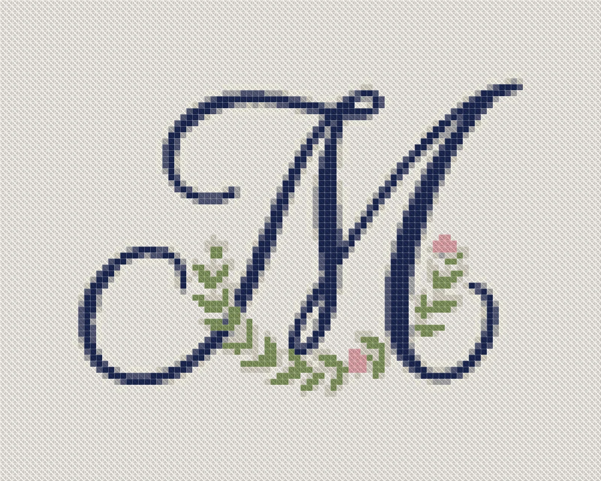 The same monogram as a cross stitch pattern made with the Cross Stitch pattern maker, shown as finished stitches