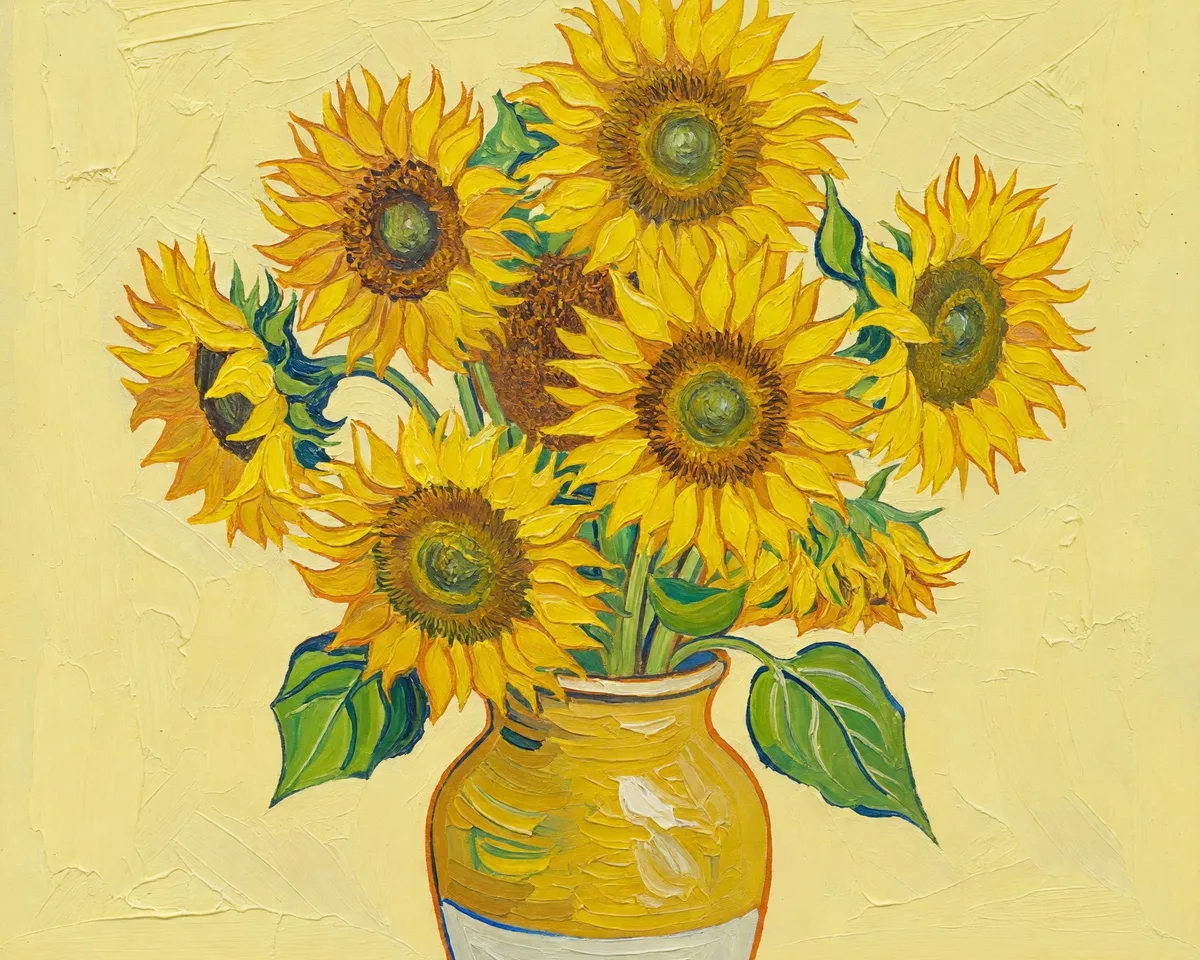 An oil painting of sunflowers in a vase, with thick visible brushstrokes on a pale yellow background