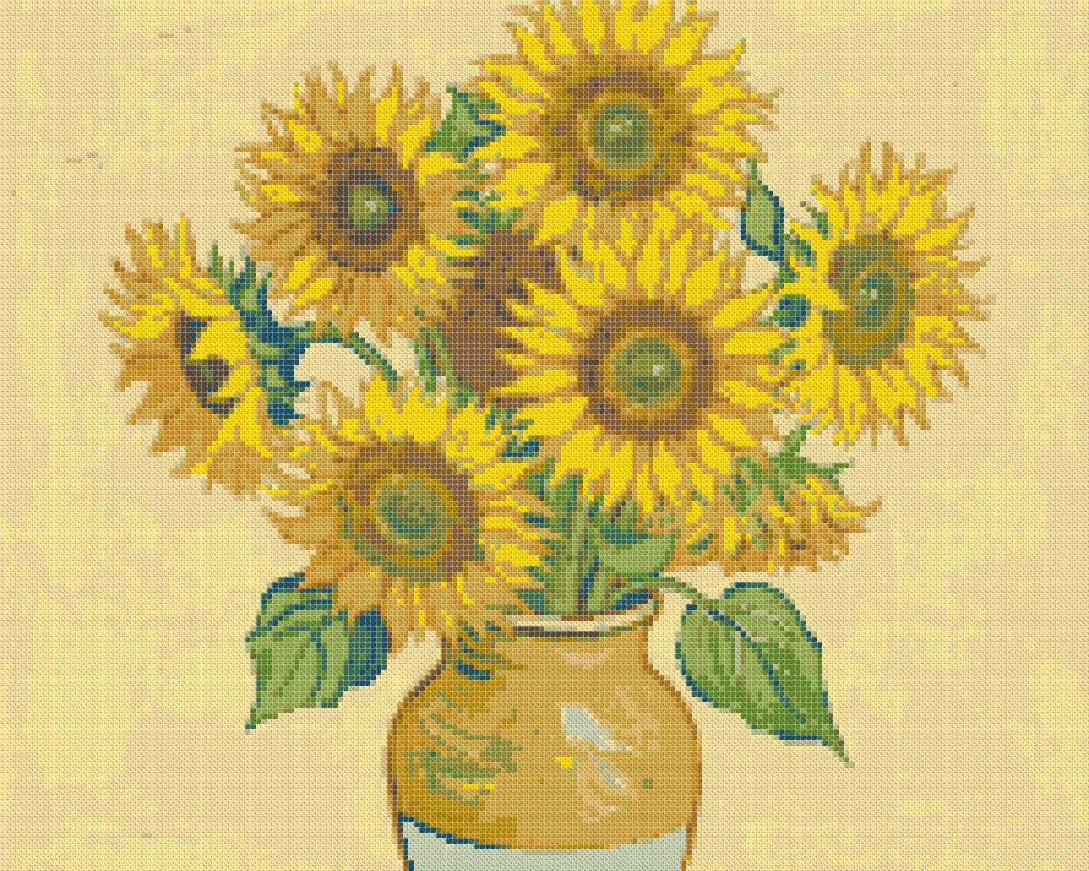 Cross stitch pattern of an oil painting of sunflowers in a vase