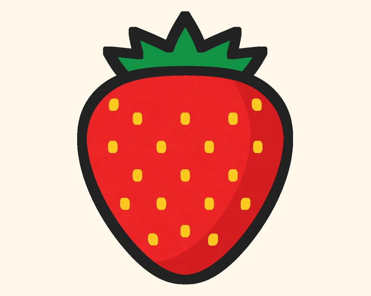 A single red strawberry with a green leafy top and yellow seeds, drawn as a simple bold icon on cream