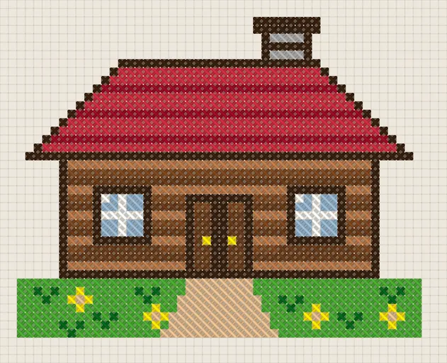 Farmhouse Cross Stitch Pattern: preview of the stitched chart
