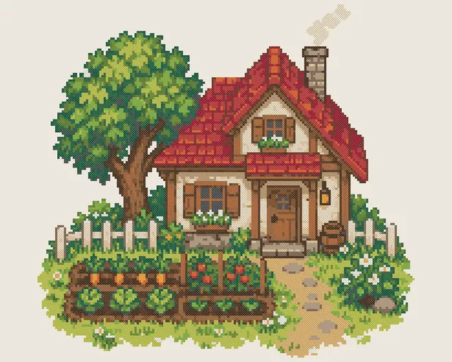 Farm Cottage and Garden Cross Stitch Pattern: preview of the stitched chart