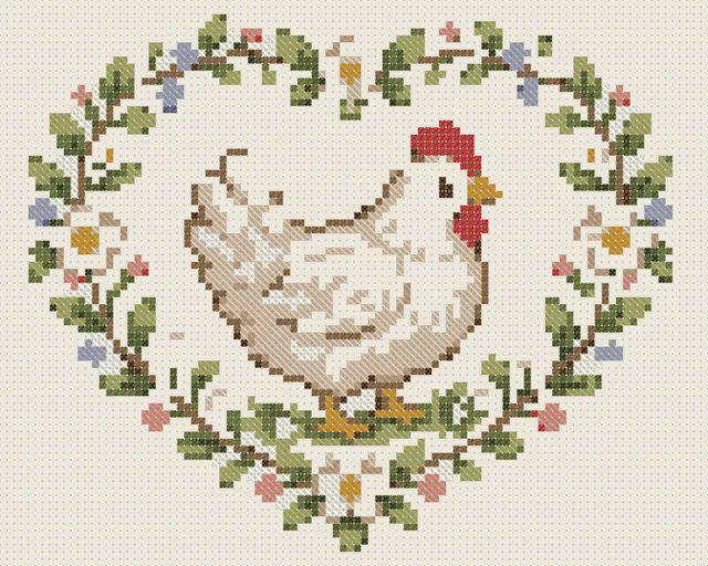 Chicken in a Flower Heart Cross Stitch Pattern: preview of the stitched chart