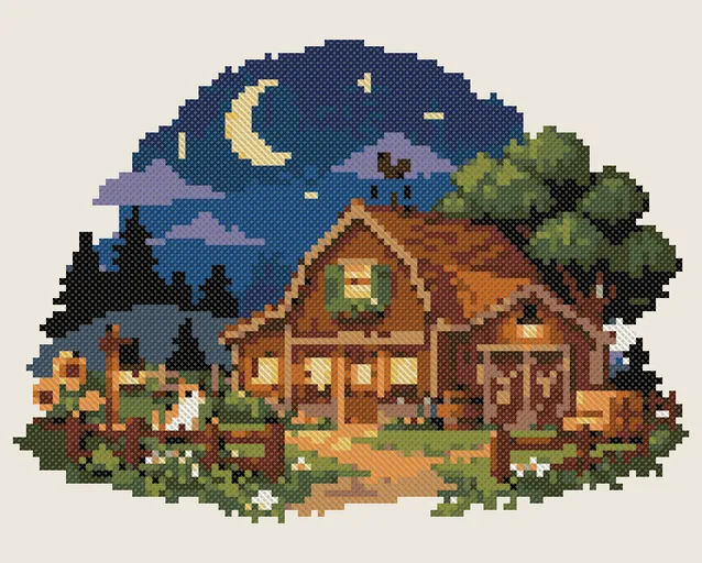 Farm at Night Cross Stitch Pattern: preview of the stitched chart