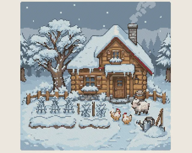 Winter Farm Cross Stitch Pattern: preview of the stitched chart