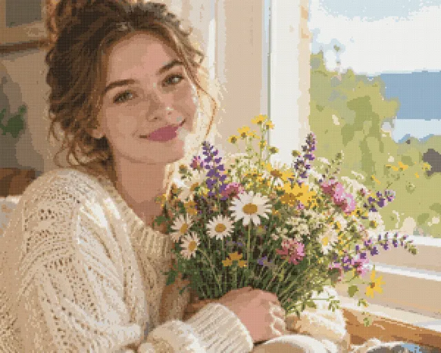 Cross stitch pattern of a smiling woman holding a bouquet of wildflowers