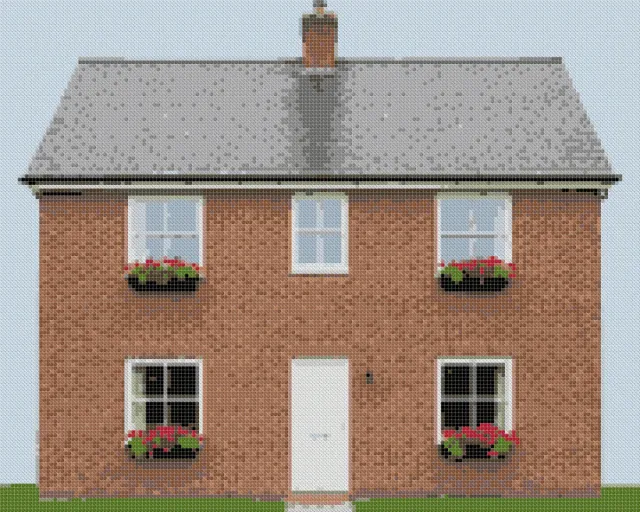 Cross stitch pattern of a red-brick two-storey house with flower boxes