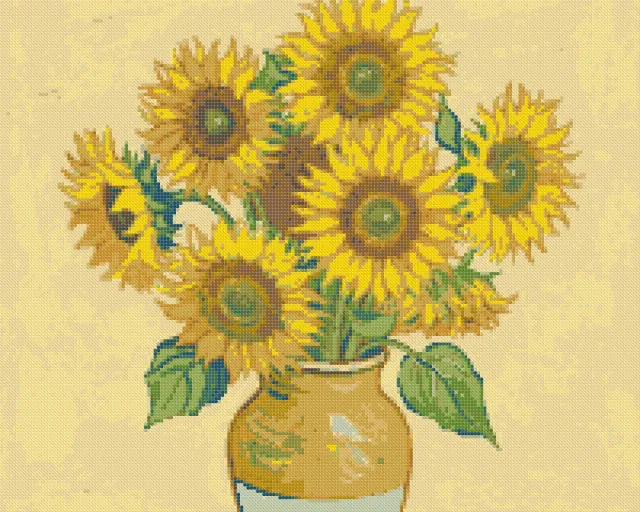 Cross stitch pattern of an oil painting of sunflowers in a vase