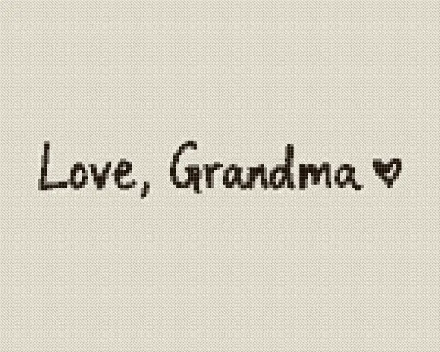 Cross stitch pattern of the handwritten words "Love, Grandma" and a small heart