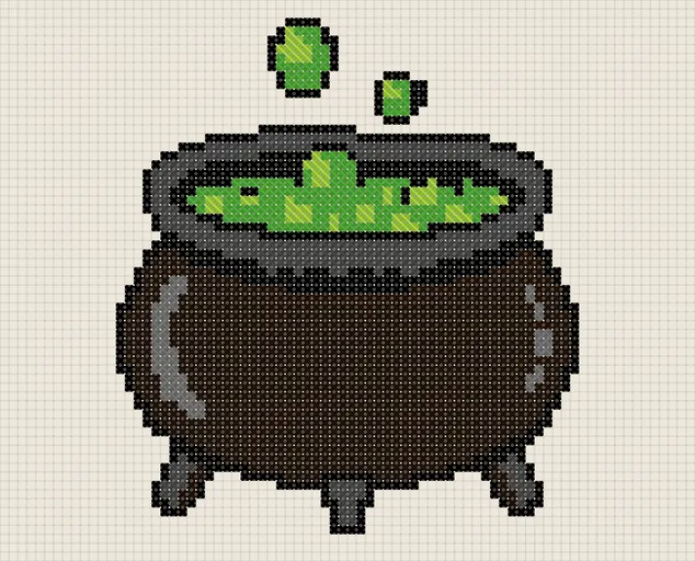Halloween Witch’s Cauldron Cross Stitch Pattern: preview of the stitched chart