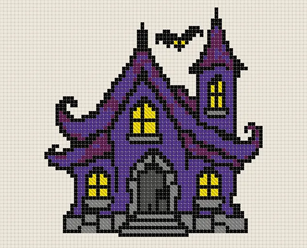 Halloween Haunted House Cross Stitch Pattern: preview of the stitched chart
