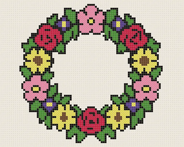Flower Wreath Cross Stitch Pattern: preview of the stitched chart