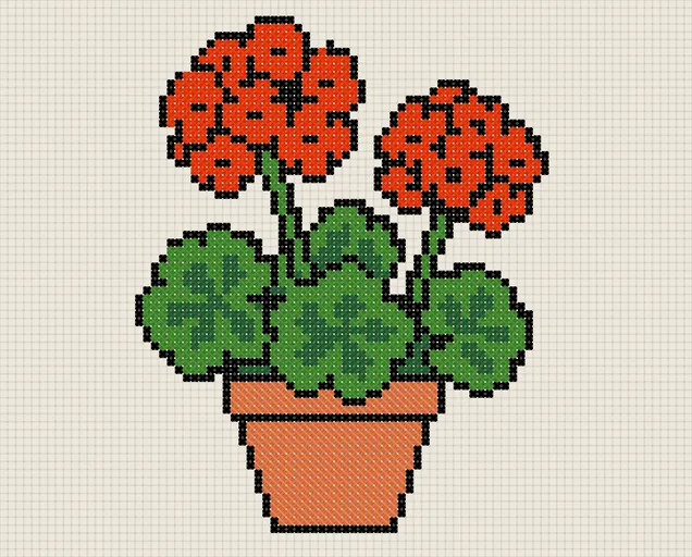 Potted Geranium Cross Stitch Pattern: preview of the stitched chart